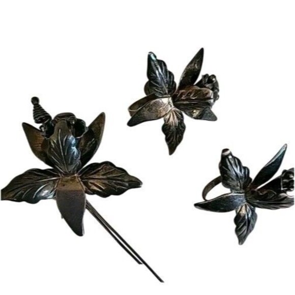 Taxco Mexico 925 Iris Flower Ornate Design Brooch Pin Screw Back Earrings Set - Picture 2 of 16